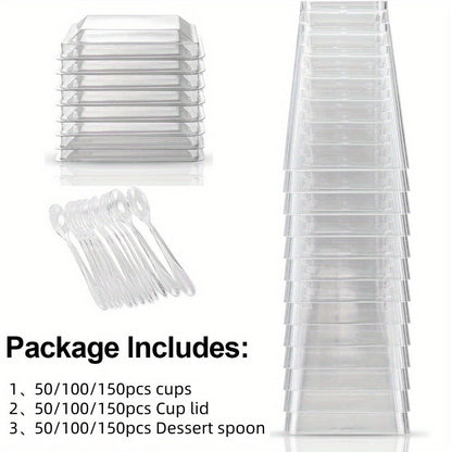 Disposable Dessert Cups with Lids & Spoons, 5oz Plastic Pudding Cups Set, 50/100/150/200 Pack Mini Clear Cups for Parties