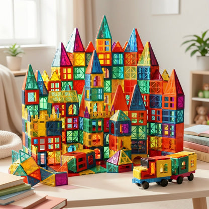 Magnetic Tiles for Kids 106/136pcs with 2 Toy Cars – STEM Approved Educational Magnet Building Blocks Set Stacking Puzzle Toy for Boys