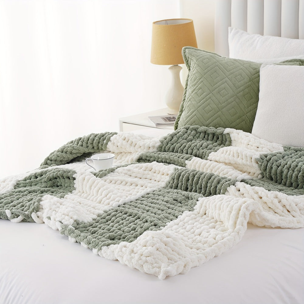 Chunky Chenille Cable Knit Throw Blanket, 350-400gsm Crochet Throw for Sofa, Bed & Couch, Vintage Patchwork