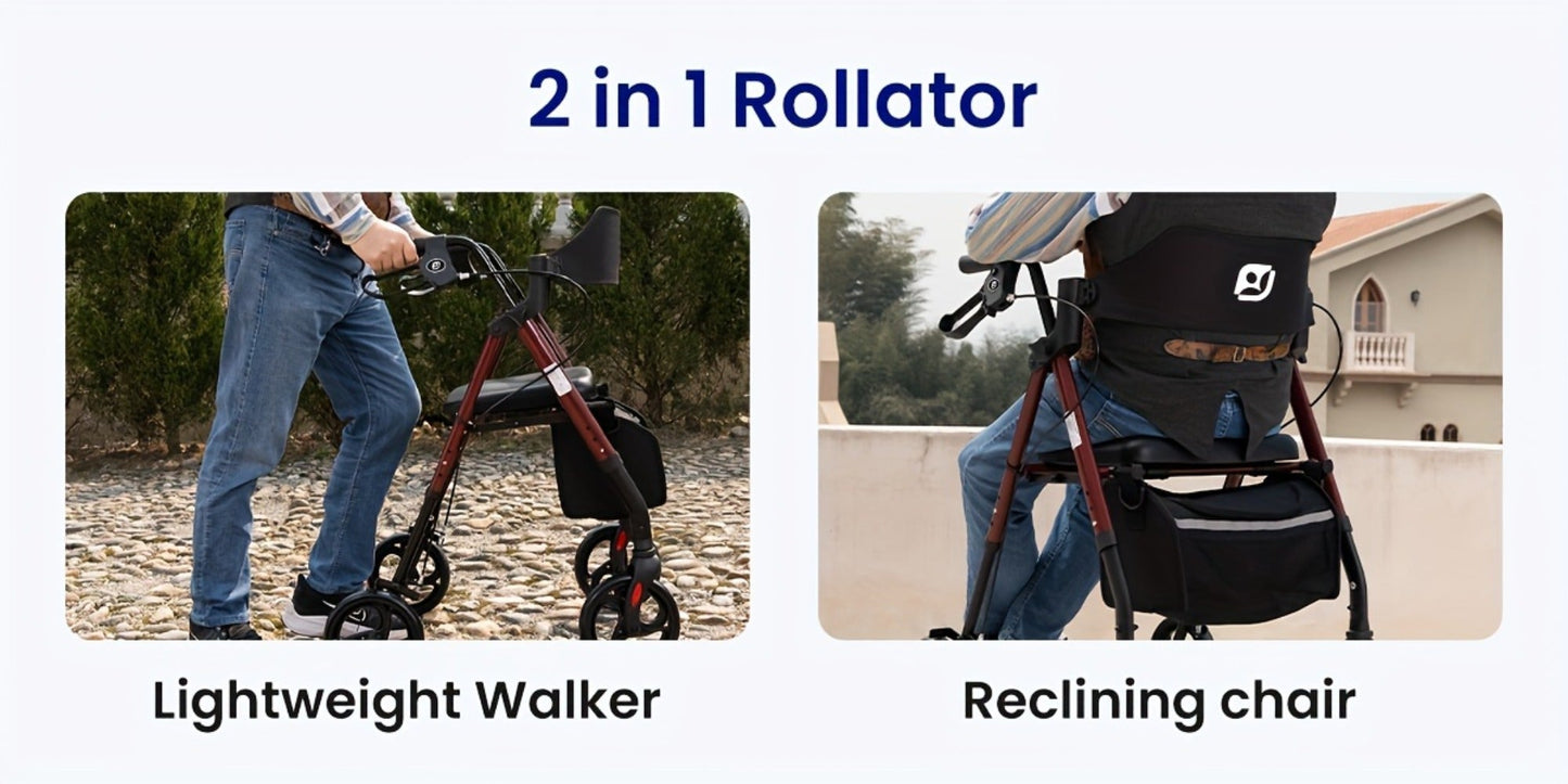 Rollator Walker for Seniors Foldable with 8-Inch Big Wheels, Durable Aluminum Rolling Walker with Backrest & Dual Adjustable Height