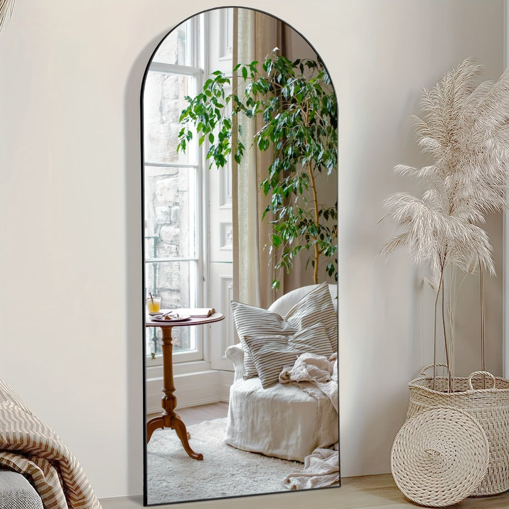 Full-Length Floor Mirror in 59 × 16 or 64 × 21 Inch Arched and Rectangular Black or Gold Frame Options