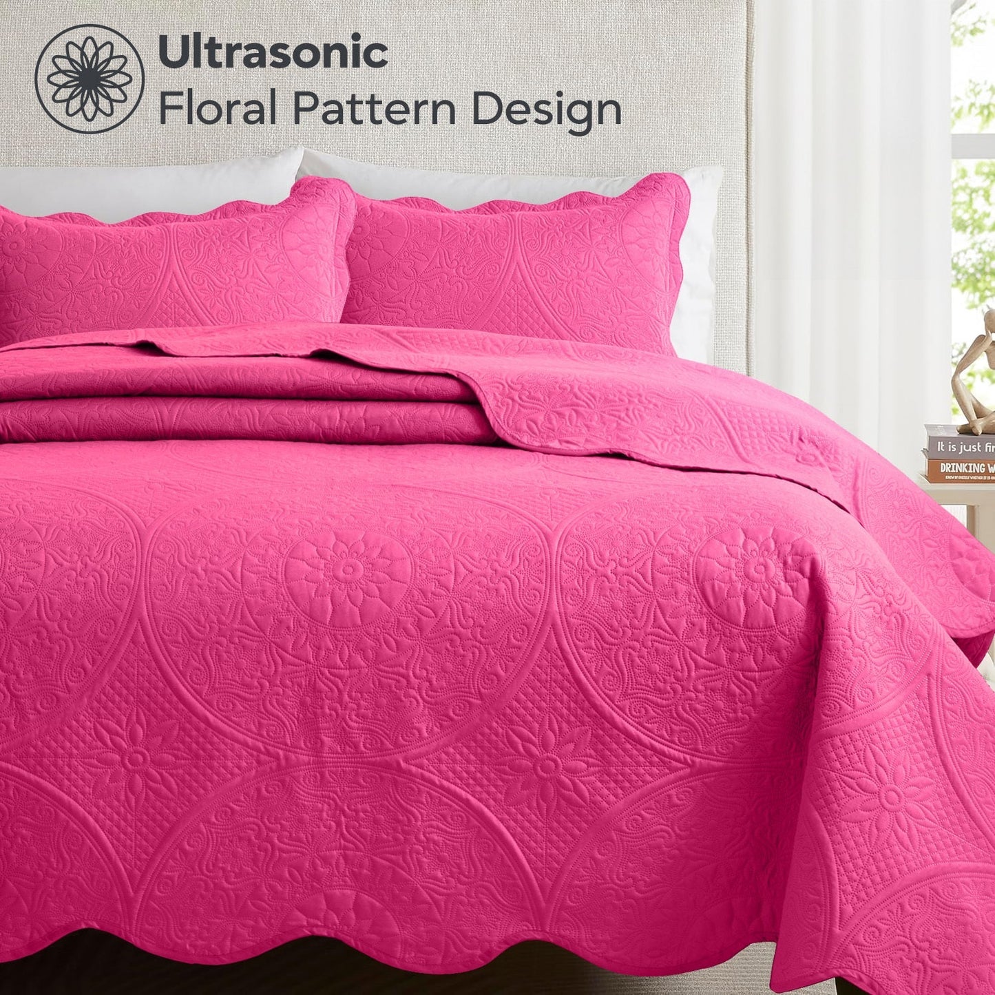 Floral-Pattern Three-Piece Bedspread Set in 16 Colors with Twin, Queen, King and California King Sizes