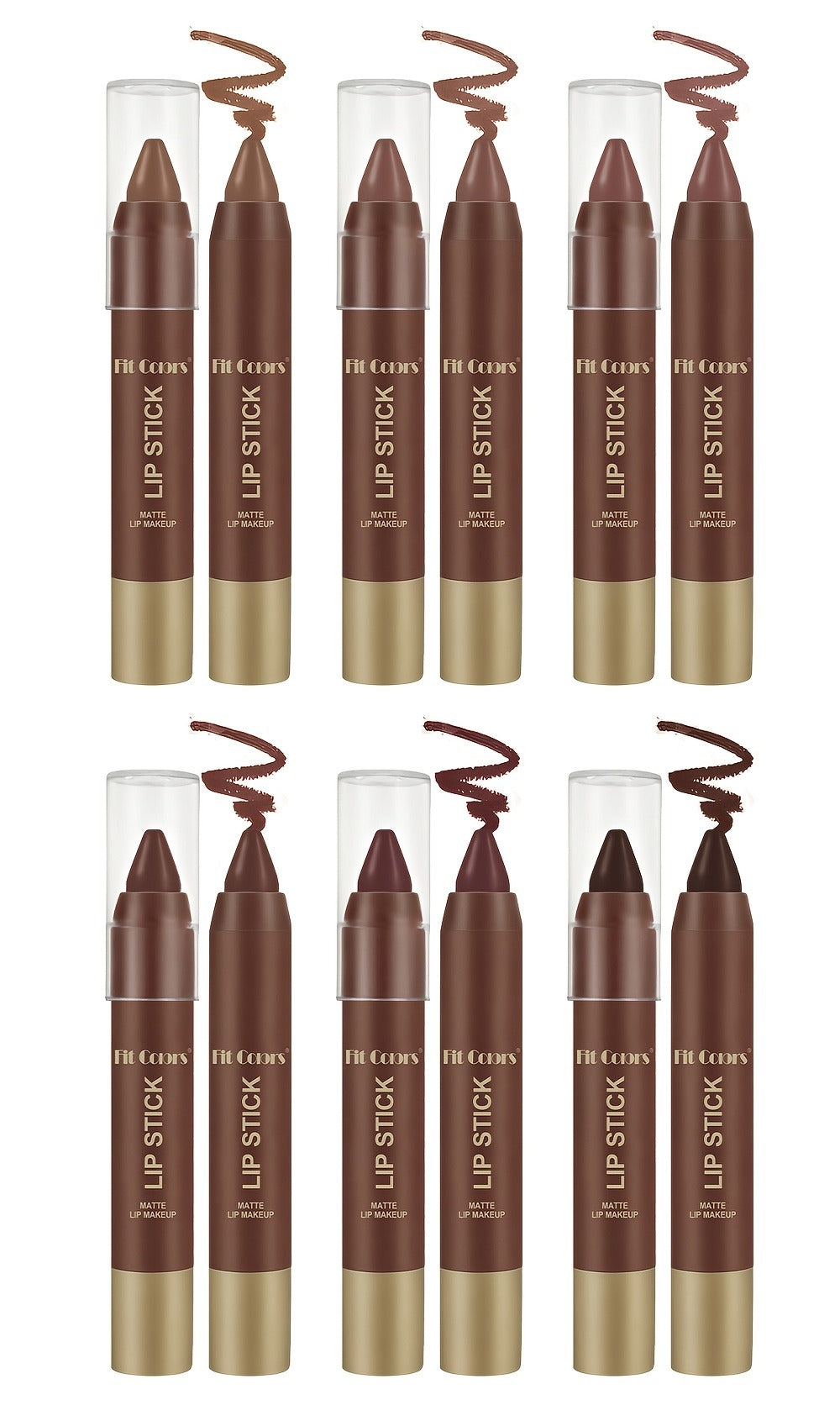 Lipstick Set, Fit Colors 6-Piece Matte Crayon Collection with Brown, Nude, Pink and Purple Colors