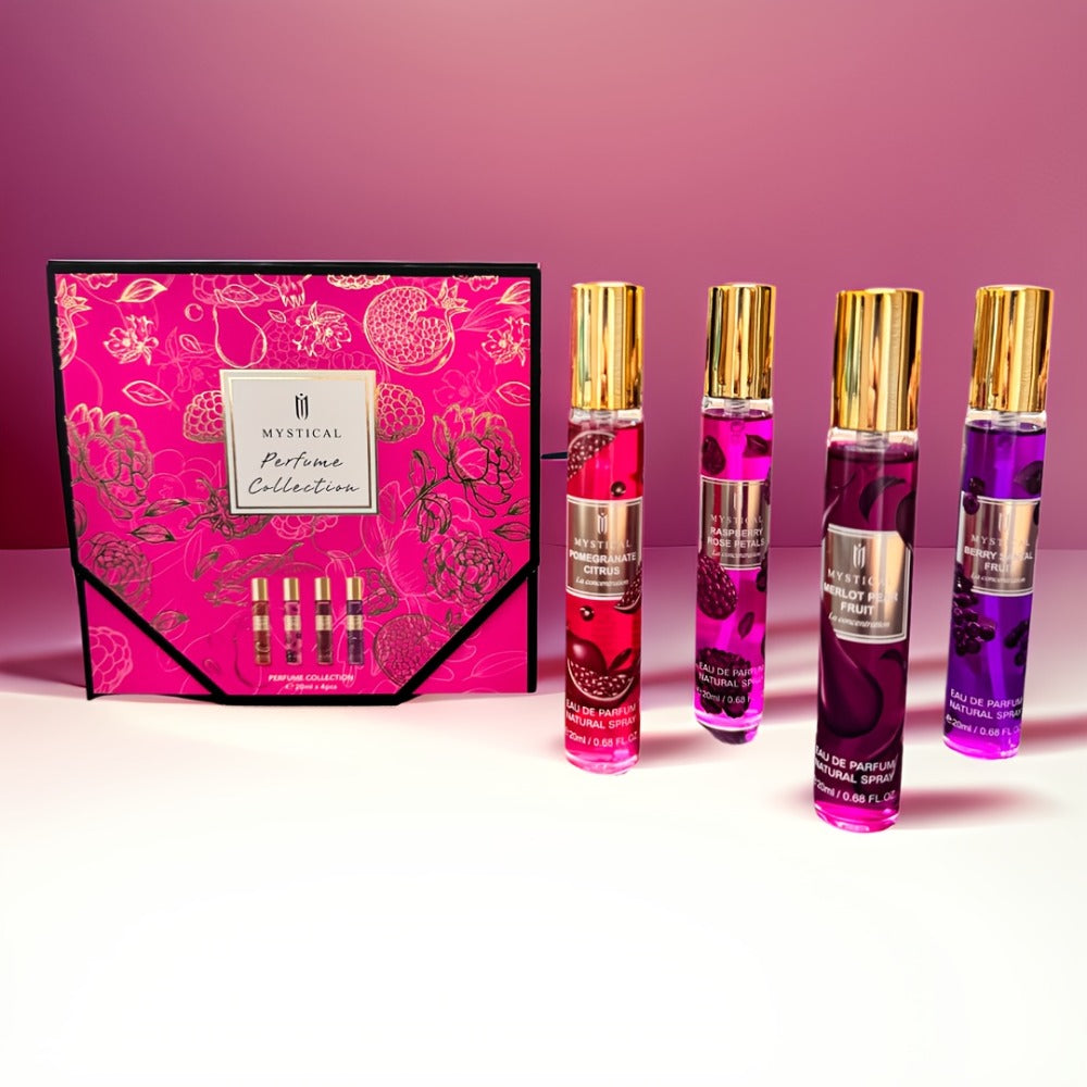 Perfume Gift Set Four 20ml Slim Spray Bottles with Gold Caps in Pink or Botanical Hinged Boxes