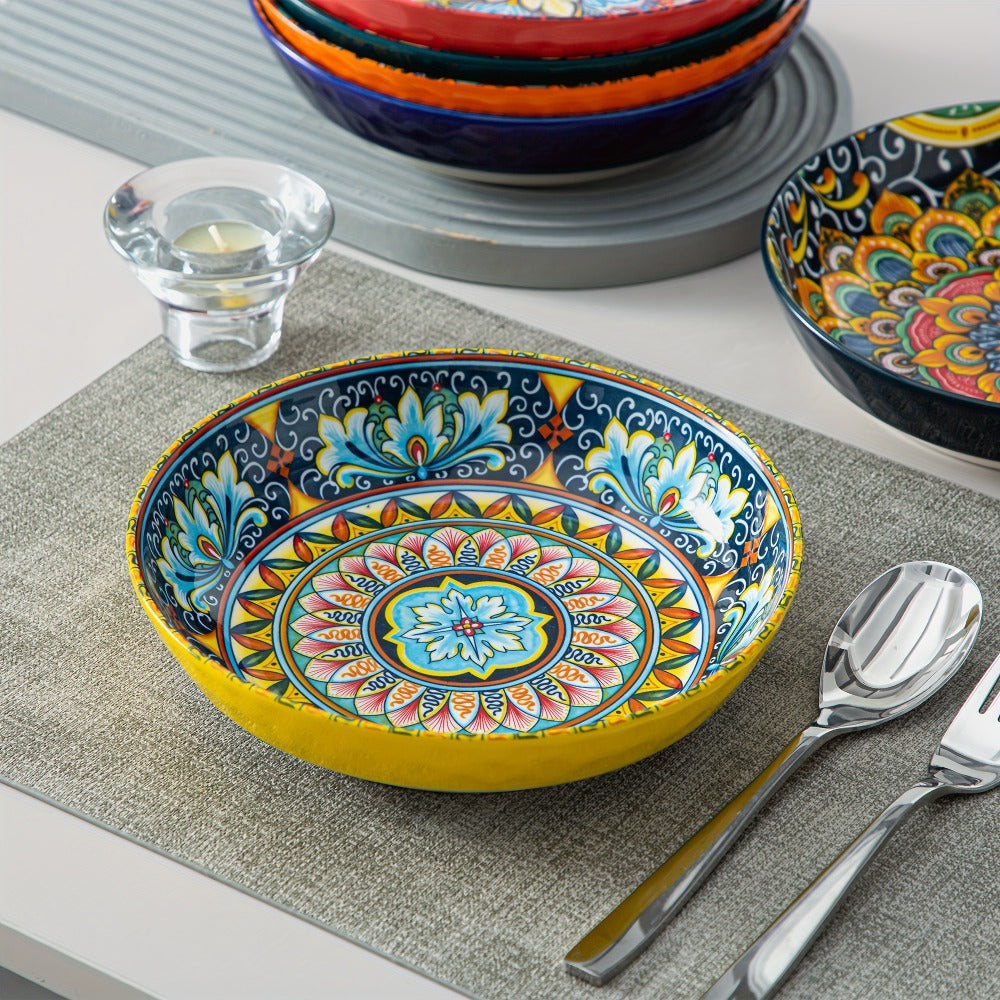 Bohemian Pasta Bowls Set of 6, 32 Oz Porcelain, Floral Pattern, Microwave &, VANCASSO for Entryways, Bedrooms and Living Spaces