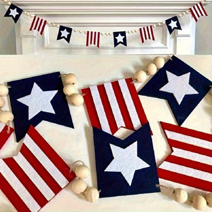 Patriotic Bunting Flags with Wood Bead Garland – 4th of July Red White Blue Hanging Banner Decor for Independence Day Party