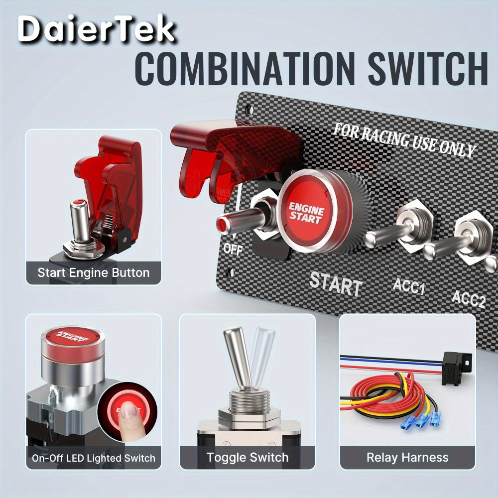 5-in-1 Ignition Switch Panel 12V 30A – Push Start Button Racing Toggle Switch Kit, Aluminum Carbon Fiber Panel for Car Truck Boat RV Race