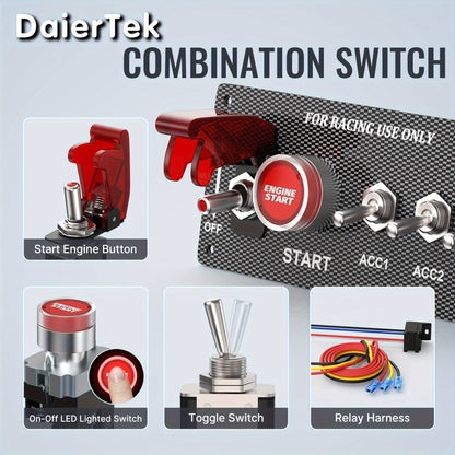 5-in-1 Ignition Switch Panel 12V 30A – Push Start Button Racing Toggle Switch Kit, Aluminum Carbon Fiber Panel for Car Truck Boat RV Race