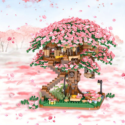 Building Block Set Cherry Blossom Tree House, 1020 or 2028 Micro Pieces with Pink Canopy and Base Display