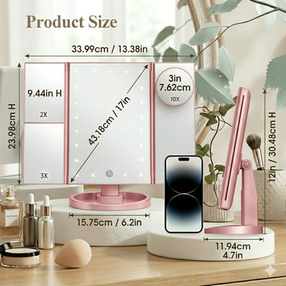 Vanity Mirror with Lights Tri-Fold 21 LED Lighted Makeup Mirror Touch Control 1X 2X 3X 10X Magnification 360 Rotation Dual Power Tabletop