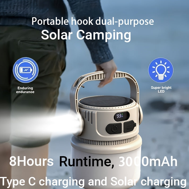 Solar LED Camping Light with Hook – 6 Modes, USB-C Rechargeable, 300LM, IPX4 Waterproof, Emergency Power Bank