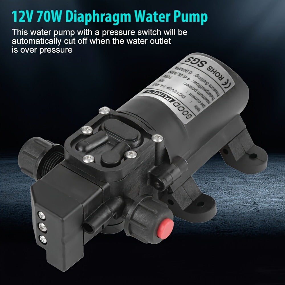12V DC High Pressure Diaphragm Water Pump 70W Self Priming Pump 6L/Min 0.9MPA Portable for Entryways, Bedrooms and Living Spaces