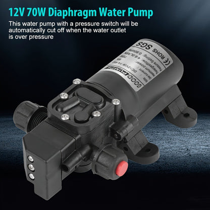 12V DC High Pressure Diaphragm Water Pump 70W Self Priming Pump 6L/Min 0.9MPA Portable for Entryways, Bedrooms and Living Spaces