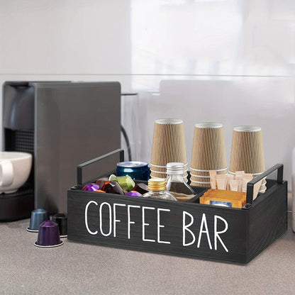 Wooden Coffee Bar Organizer with Farmhouse Sign and Rectangular Tray for Pods, Sugar, Creamer and Countertop Accessories