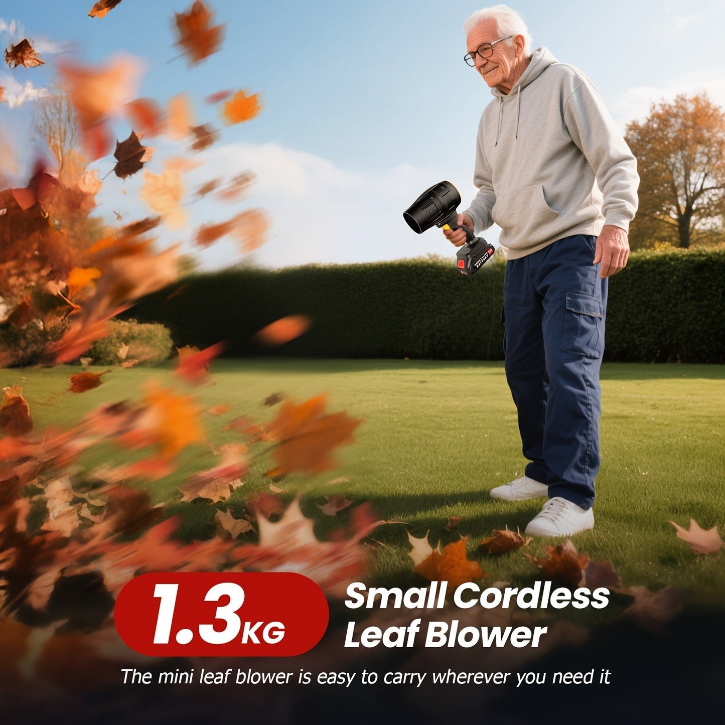 21V Cordless Leaf Blower in Black with 40, 000 RPM Marking, Two Battery Packs, Charger Cable and Nozzle Pieces