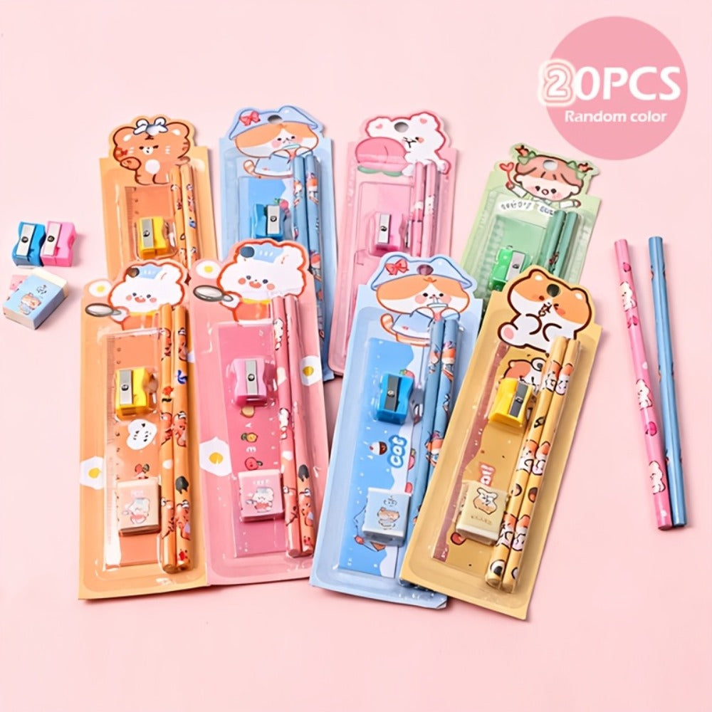 20-Piece Cartoon Pencil Stationery Set with Ruler Eraser Sharpener, Random Cartoon Styles, Kids School Supplies, Party Favor Prizes