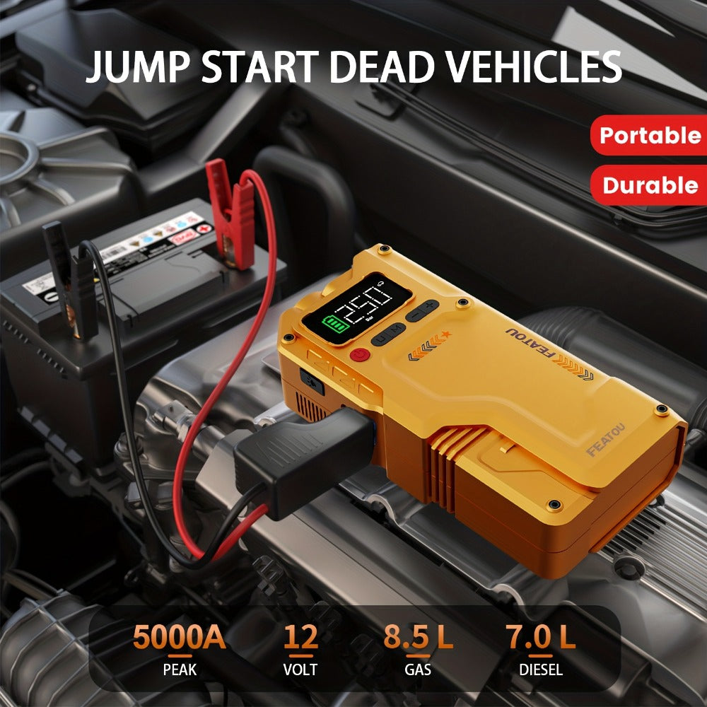Jump Starter with Air Compressor 5000A/7000A Peak – 150PSI Digital Tire Inflator, Portable Battery Pack for 10L Gas & Diesel