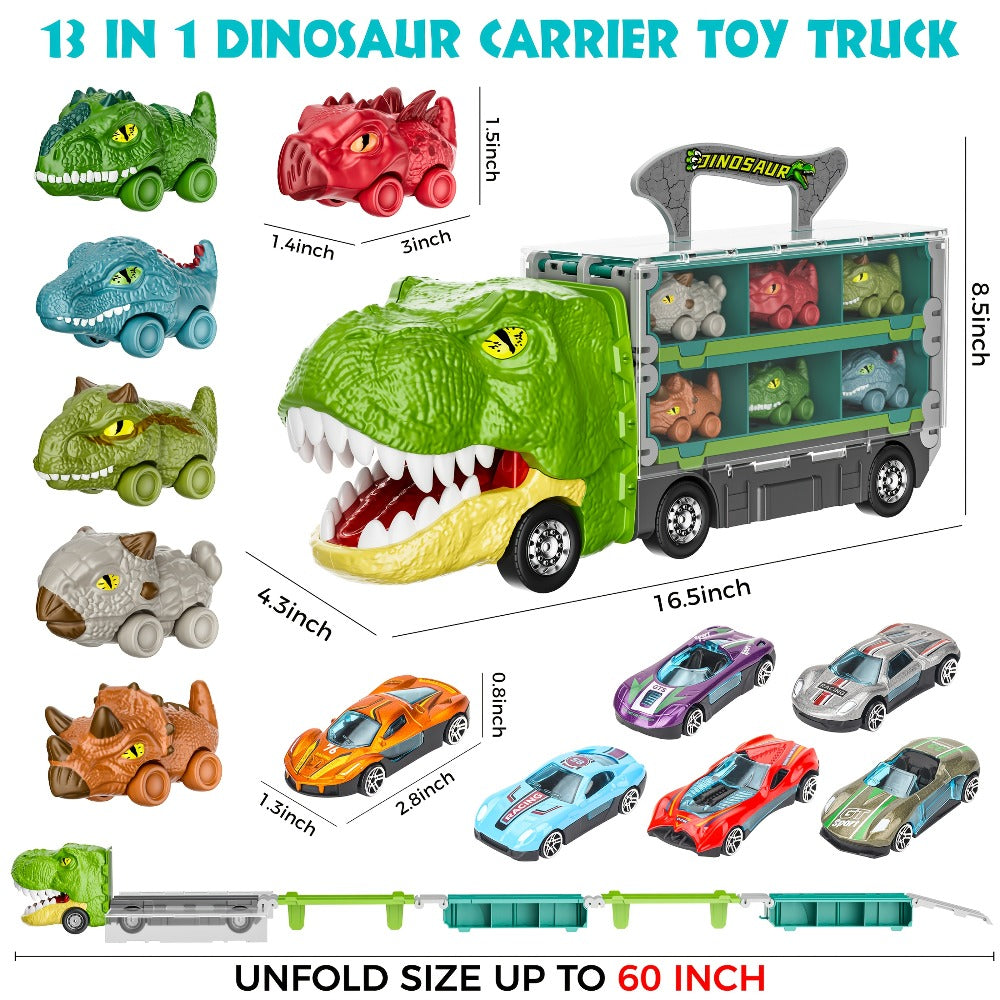 Dinosaur Truck Toys 13-in-1 Transport Carrier with 63-Inch Foldable Race Track, 6 Dino Cars + 6 Die-Cast Cars