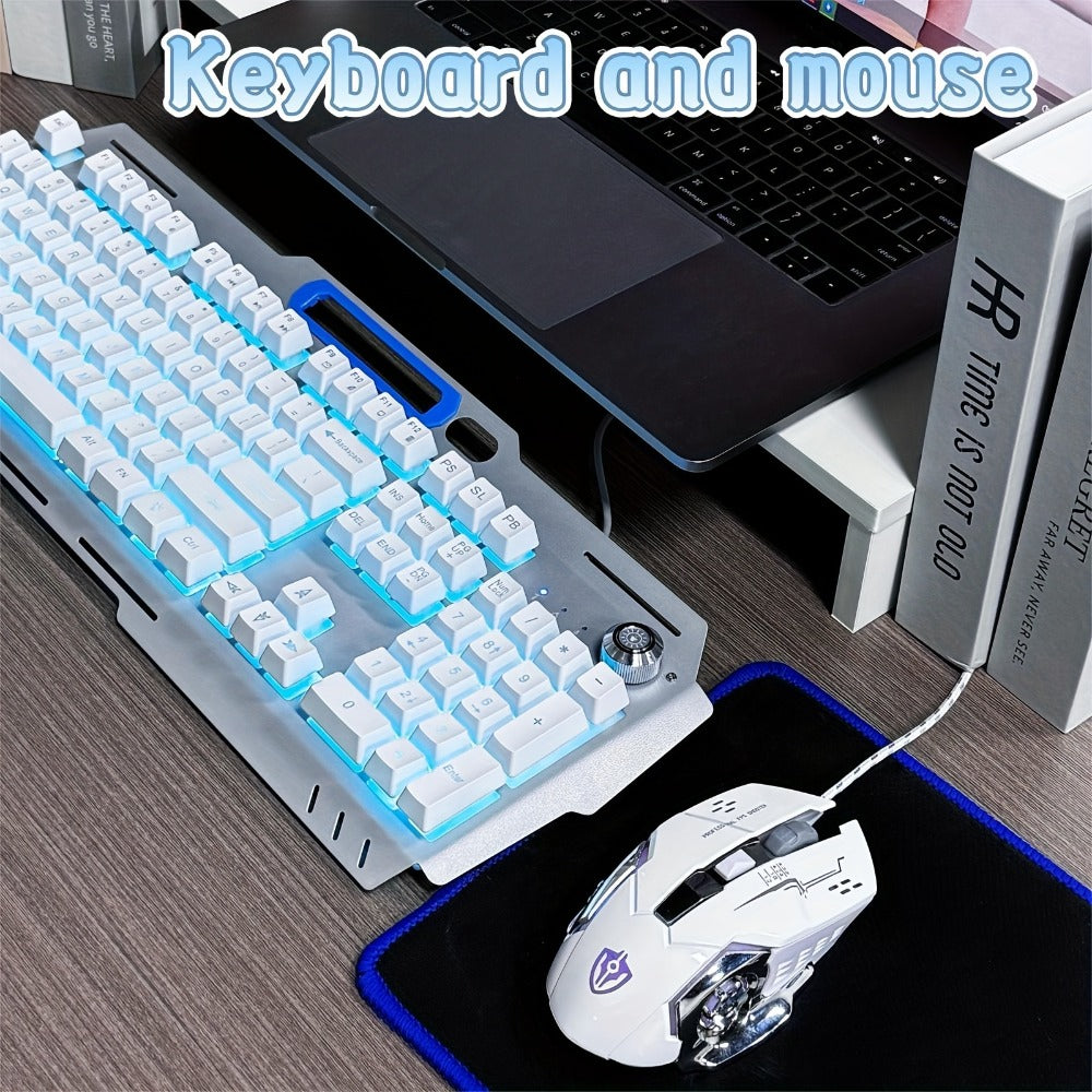 Gaming Keyboard Wired 104 Keys Full Metal Panel – LED Color Backlight, Multimedia Knob, Faux Mechanical Feel, USB