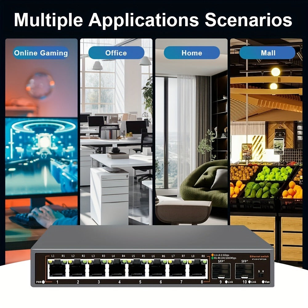 10-Port 2.5G Network Switch with 10G SFP+ Uplink - Fanless Metal Unmanaged Ethernet Switch, 8x 2.5GbE RJ45