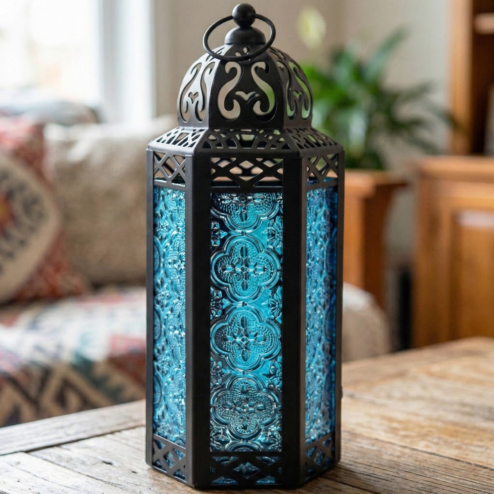 Moroccan Candle Lantern Holder - Decorative Metal & Glass Lantern with Embossed Floral Design for Indoor Home Decor