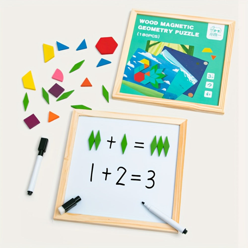 Magnetic Wooden Puzzle Blocks 128 180 220 Piece Set, Geometric Figures Cognitive Learning STEM Toy for Kids