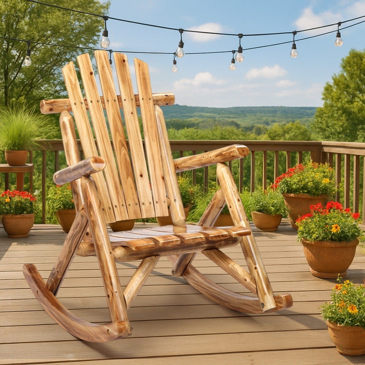 Patio Cedar Rocking Chair 26" Fan-Shaped Backrest Outdoor Rocker for Garden Poolside Patio