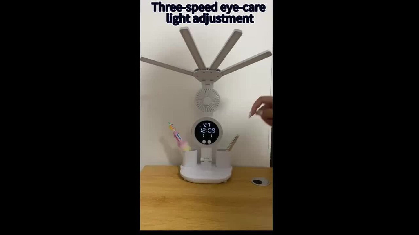 LED Desk Lamp with Built-in Fan & Touch Control, Dual Head Adjustable, USB Charging, 3 Color Modes Dimmable