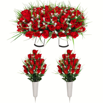 Artificial Flowers Silky Red Rose Memorial Set with Top Saddle, Side Vases or Three-Piece Option