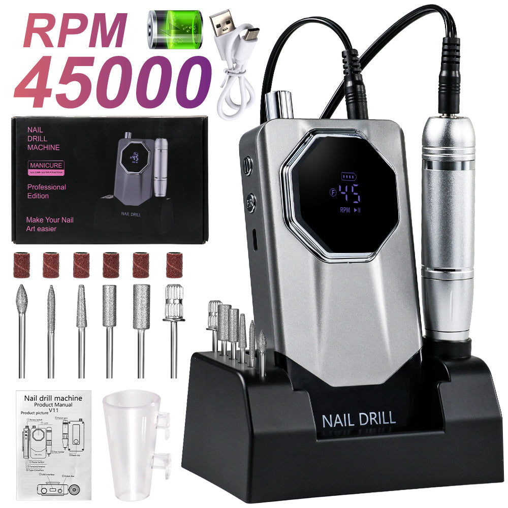 Electric Nail Drill 45000 RPM USB Rechargeable Kit with LCD, Forward Reverse and Three Finishes