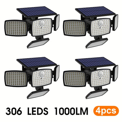 Solar Outdoor Motion Sensor Light 4-Head 3000LM, 270° Wide Angle, 3 Modes, Remote Control for Garden, Pathway and Patio Lighting