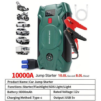 10000A Car Jump Starter with 12V Clamps, LED Light and Optional Integrated Air Pump in Red, Green or Gray