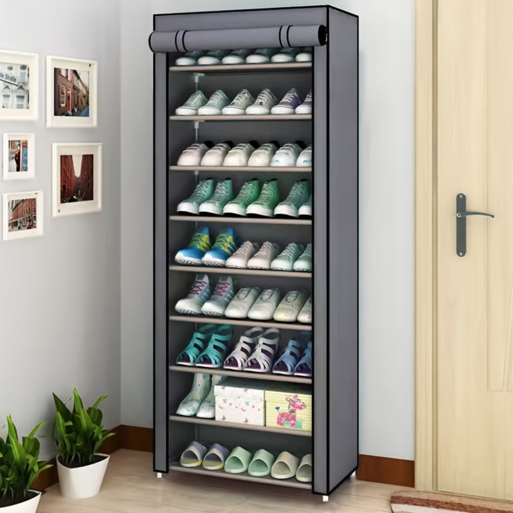 Shoe Rack 10-Tier Gray Portable Organizer for Up to 50 Pairs with Nonwoven Cover and Steel Frame