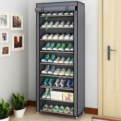 Shoe Rack 10-Tier Gray Portable Organizer for Up to 50 Pairs with Nonwoven Cover and Steel Frame