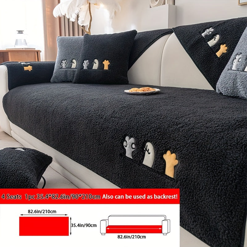 Sofa Cover Thick Plush Shearling Panels with Animal and Bone Embroidery and Backing Detail for 2 to 4 Seats