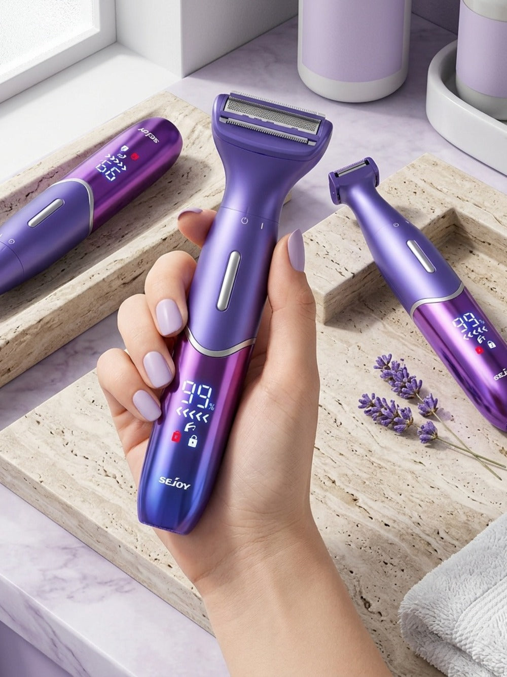 Six in One Bikini Trimmer and Electric Razor for Women and Men, Wet Dry Grooming Set in Purple