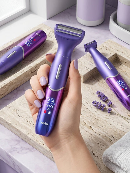 Six in One Bikini Trimmer and Electric Razor for Women and Men, Wet Dry Grooming Set in Purple