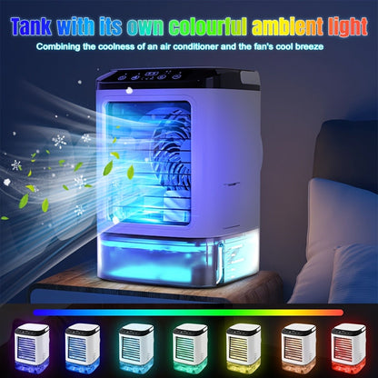 Portable Air Cooler Fan USB Humidifier with Rainbow Ambient Light, 3-Speed Atomization Misting Fan with Large Ice Box and Low Noise