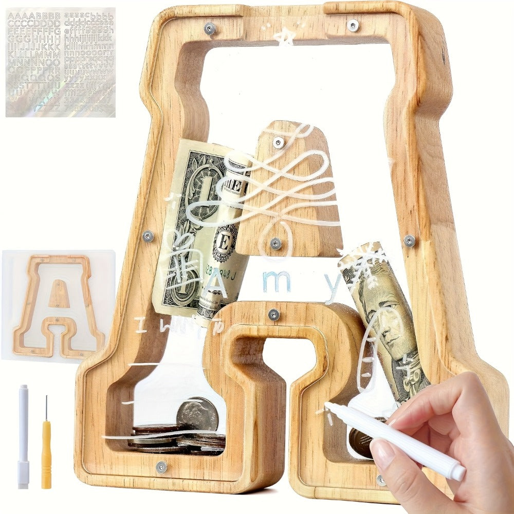 Alphabet Wooden Money Bank for Adults A to Z Letter Piggy Bank – Personalized Coin Bank Home Decor Craft Art Decoration