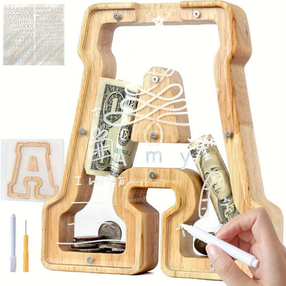 Alphabet Wooden Money Bank for Adults A to Z Letter Piggy Bank – Personalized Coin Bank Home Decor Craft Art Decoration