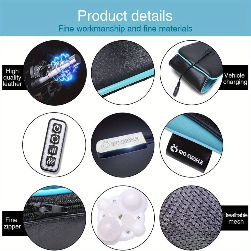 Black Shiatsu Neck and Shoulder Massage Pillow with Heat, 8 Kneading Rollers, 15-Minute Auto-Off and Home or Car Power