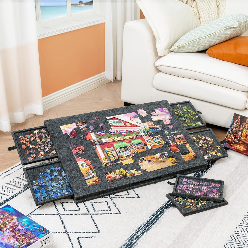 Jigsaw Puzzle Board with Felt Mat & 6 Sorting Drawers – Foldable Roll-Up Puzzle Saver Fits Up to 1000 Pieces | Portable Puzzle Storage