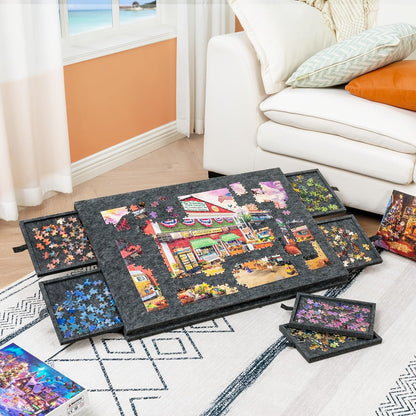 Jigsaw Puzzle Board with Felt Mat & 6 Sorting Drawers – Foldable Roll-Up Puzzle Saver Fits Up to 1000 Pieces | Portable Puzzle Storage