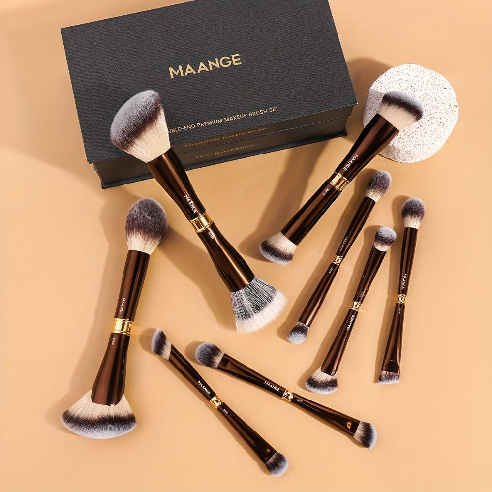 Makeup Brush Set, 8-Piece Double-Ended Collection with 16 Brush Heads, Aluminum Alloy Handles and Storage Box
