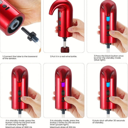 Electric Wine Aerator and Dispenser with Red or Black Housing, Three Checkout Configurations and Pictured Accessories