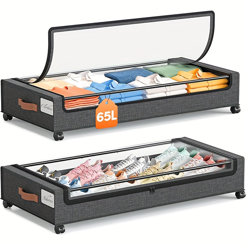 Under Bed Storage Organizer 2-Pack Rolling Boxes in Black or Gray for Clothes, Shoes and Bedding