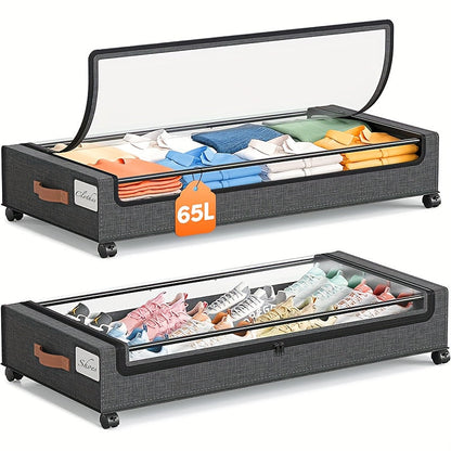 Under Bed Storage Organizer 2-Pack Rolling Boxes in Black or Gray for Clothes, Shoes and Bedding