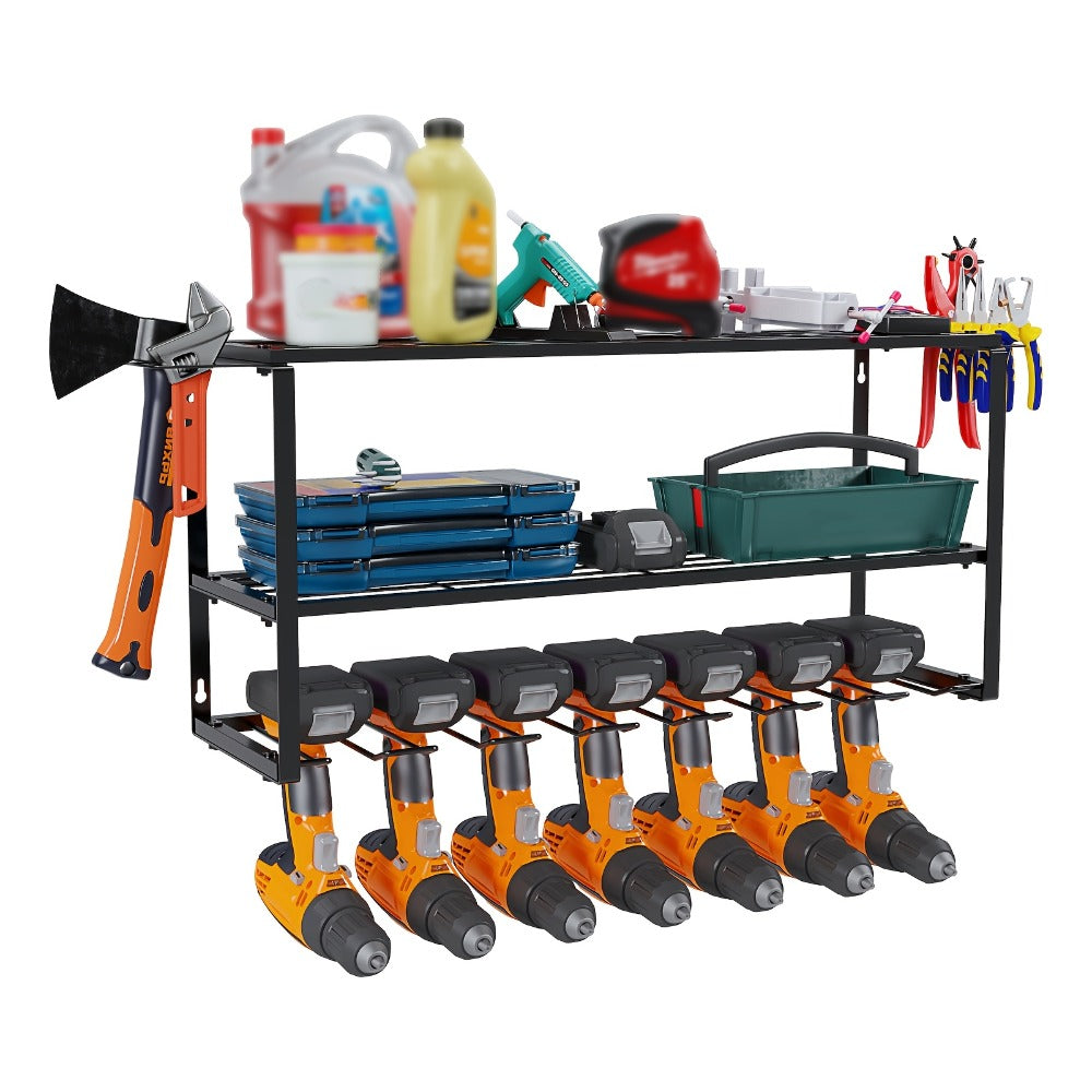 Wall Mount Power Tool Storage Rack, Steel 3-Tier & 4-Tier Garage Tool Organizer with 7 Bit Holders