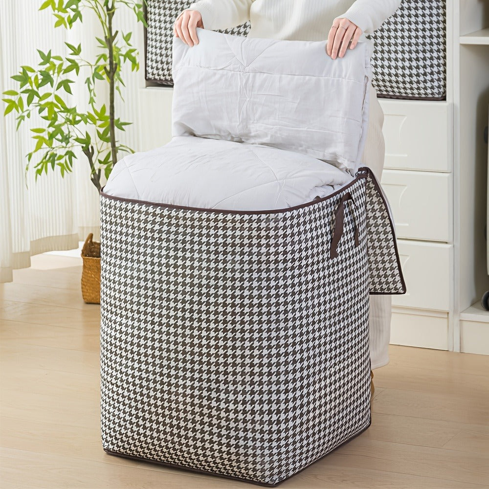 Large Storage Bags Houndstooth Non-Woven Fabric Organizer with Double Zipper & Handles – 160L/180L Dustproof Foldable Storage Box