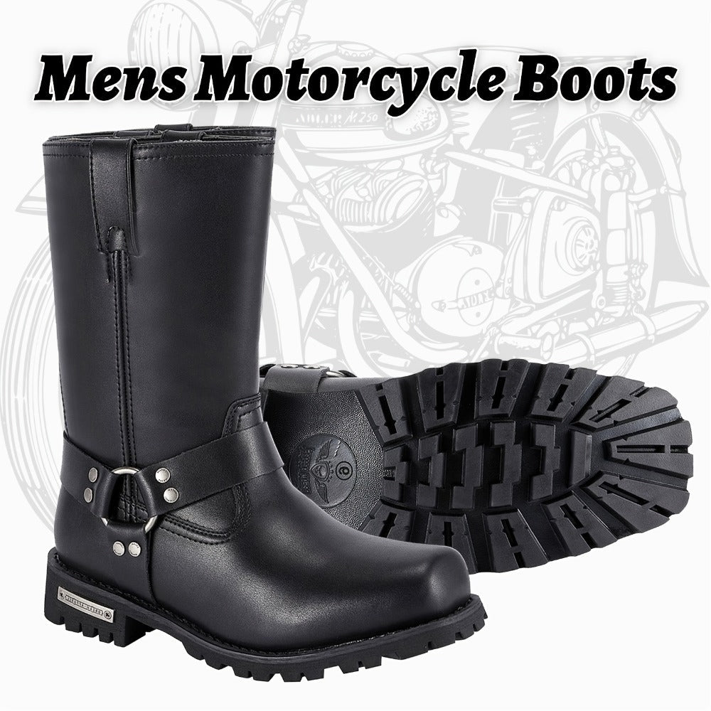 Men's Motorcycle Boots 11" Harness – PU Leather Non-Slip Square Toe Mid-Calf Biker Boots, Abrasion Resistant All-Season Riding Boots